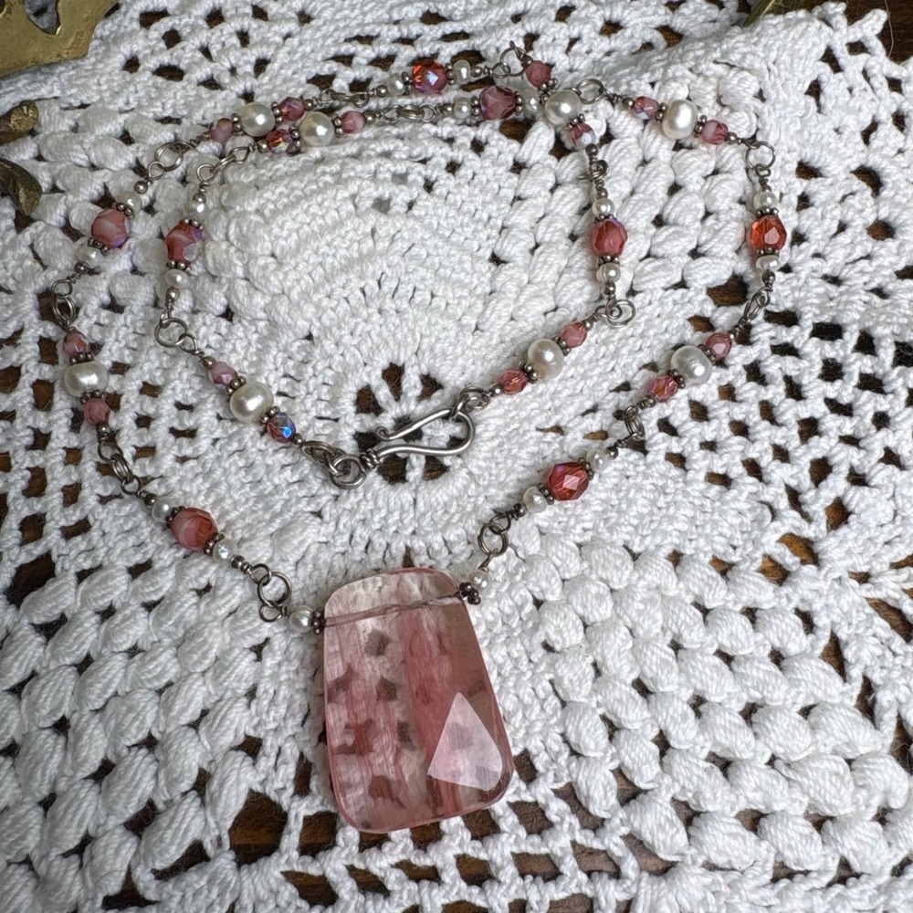 Vintage Pink Glass Necklace Coquette Fairycore Sterling Findings Faux Pearl